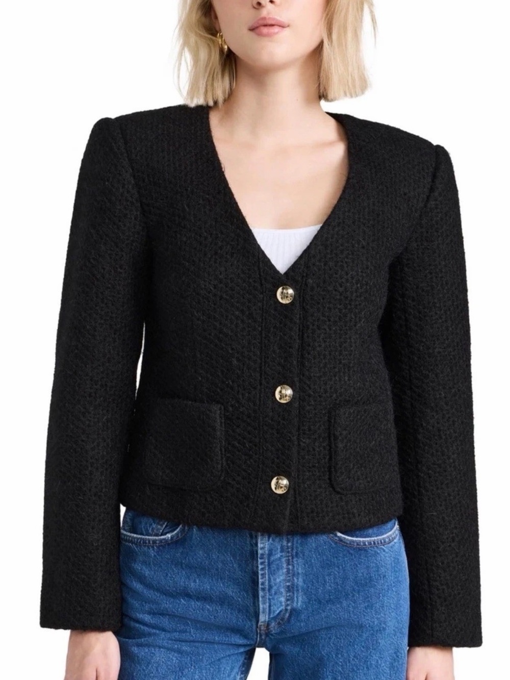 Anine Bing Black Textured V-Neck Button Blazer with Gold Buttons